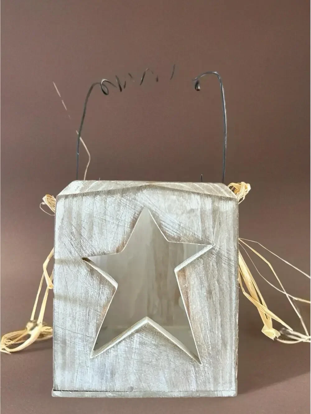 Rustic Wooden Star Lantern with Wire Handle and Raffia Bow
